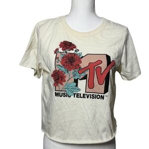 MTV Floral Logo Graphic Crop T-Shirt Small Cream Red Excellent Short Sleeve